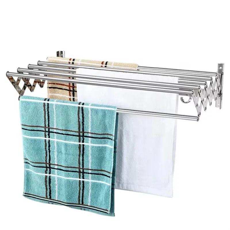 Stainless steel wall-mounted retractable towel rack, bathroom adjustable laundry drying rack towel rack with coat hook