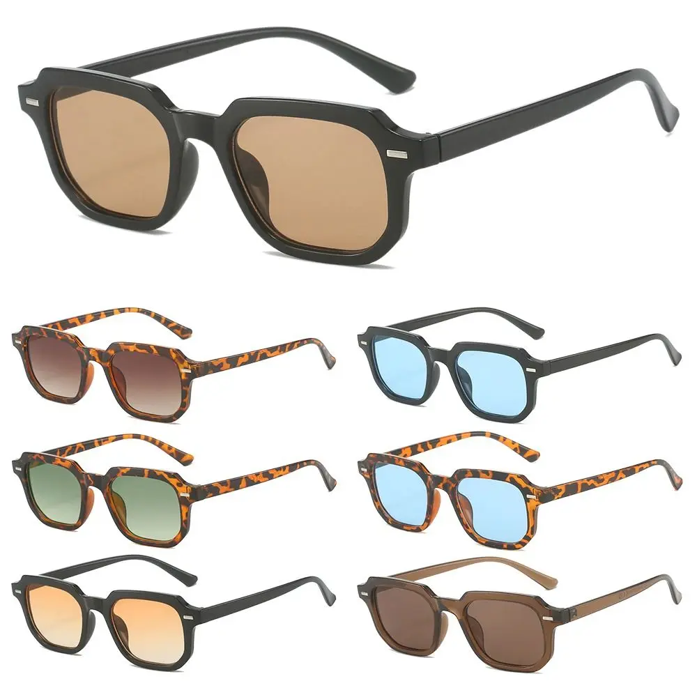 Striped Temples Round Rivet Sunglasses Retro UV 400 Protection Polygonal Frame Sun Glasses Vintage Leopard Grey Eyewear