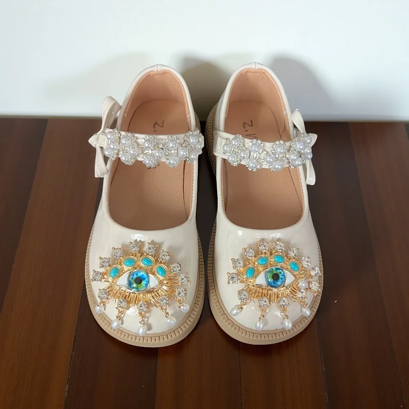 

UZSC Crystal Devil Eye Girls Shoes Sweet Kids Glitter Leather Shoes With Children's Dress Shoes For Party Wedding Stage Gift