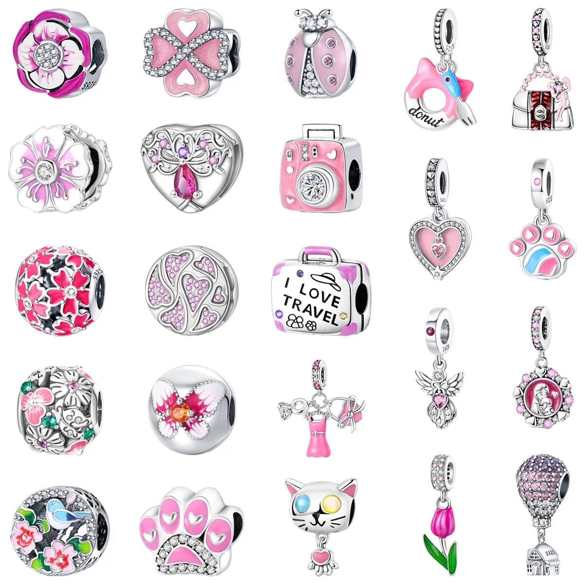 

Original 925 Charms Sterling Silver Heart Flower Animal Pink Tulip Beaded Pendant for Pandora DIY Bracelet Ladies Jewelry Gift