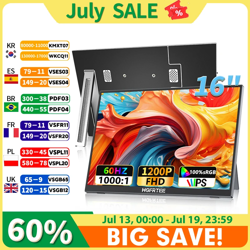 HGFRTEE 16" Portable Monitor 100%SRGB 1200P FHP IPS for Laptop Mac Surface PC PS4/PS5 Xbox Built-in Speakers VESA Mountable