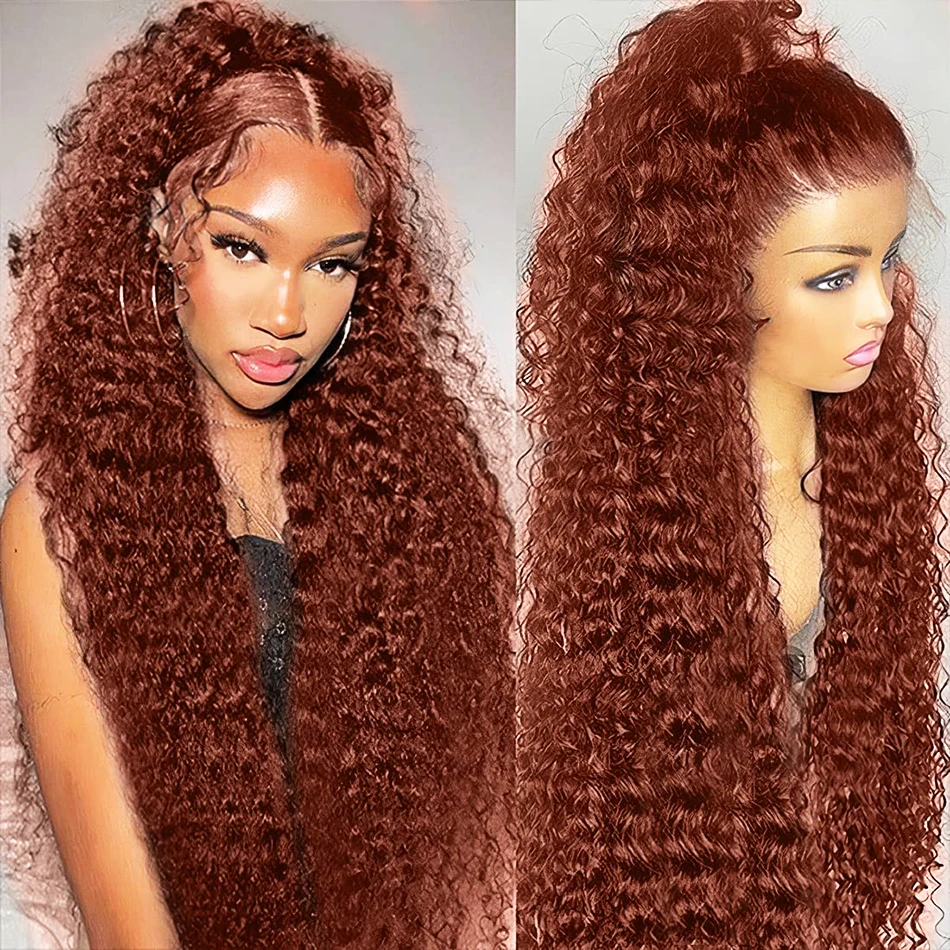 

Reddish Brown Deep Wave 13x4 Lace Frontal Wig Brazilian Pre Plucked Red Colored Water Curly Lace Front Human Hair For Women