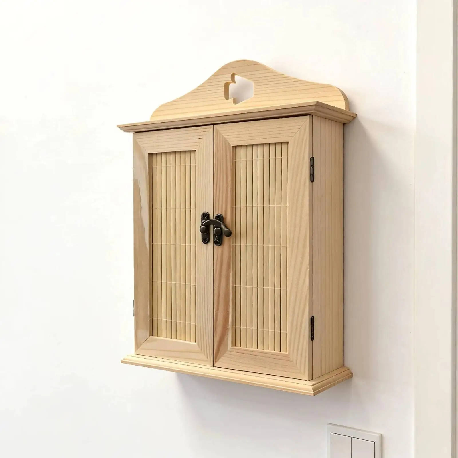 Slatted Door Key Cabinet with Hook Rails Finish Wall Key Storage Cabinet with Curved Top Enclosed for Entryway, Apartment, Small