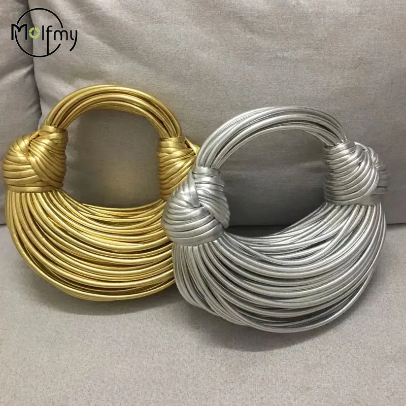 Handbags for Women 2023 New in Gold Luxury Designer Brand Handwoven Noodle Bags Rope Knotted Pulled Hobo Silver Evening Clutch