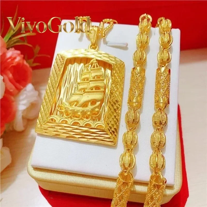 VivoGold9999 Collar con Colgante de Oro Real 24K, Diseño 'Smooth Sailing' Calado, con Motivos de Coche, Flor y Bambú, Cadena Masculina Imponente, Cadena de Oro