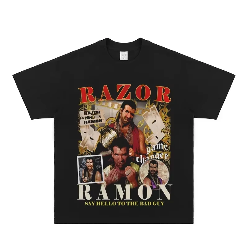 Camiseta Gráfica Retro Oversize de Cuello Redondo Ligera de Secado Rápido para Entrenamiento de Lucha Libre y Estilo Urbano Hip Hop - Razor Ramon "Bad Guy"