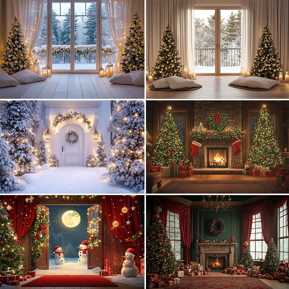 

Christmas Tree Backdrop Photography Winter House Background Snow New Year Window Girl Kids Photo Indoor Decoration Props Studio