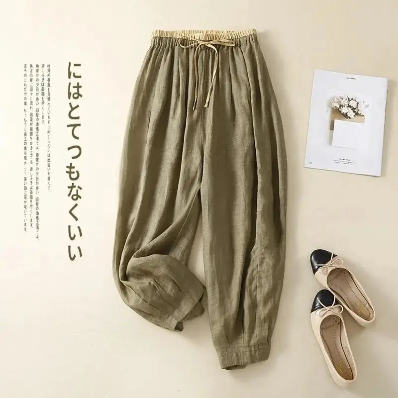 

Cotton Linen Casual Elastic High Waist Lace Up Loose Women's Pants Korean Fashion Wide Leg Ankle-Length Pants For Women 2024