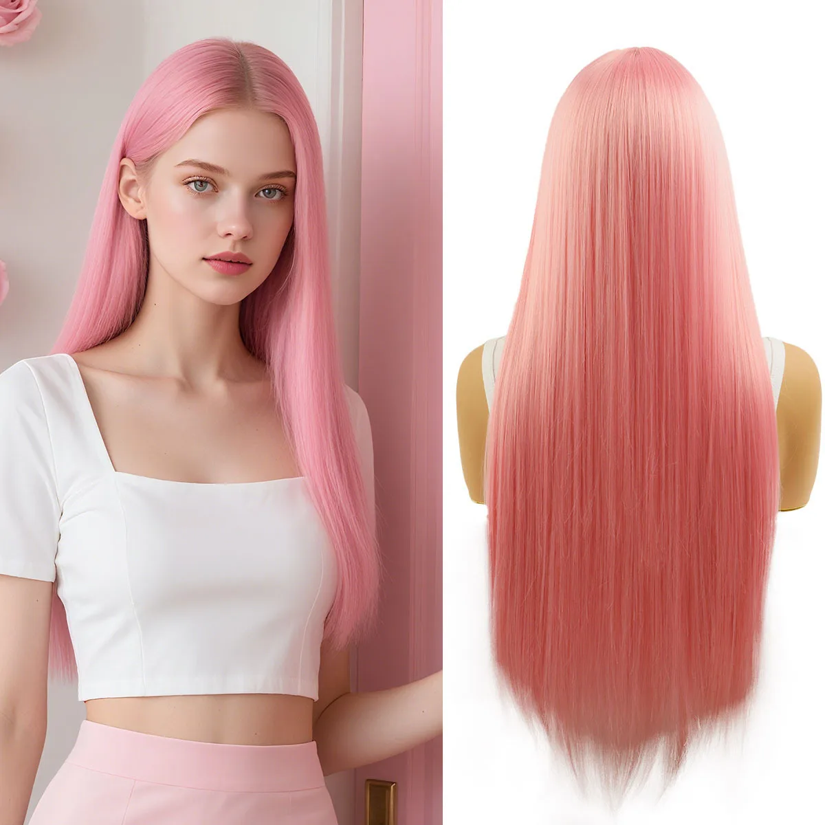

SQRDGQ Synthetic Wigs for Woman 28inch Long Straight Wig Female Pink Wig Blue Wig High Temperature Woman Wigs