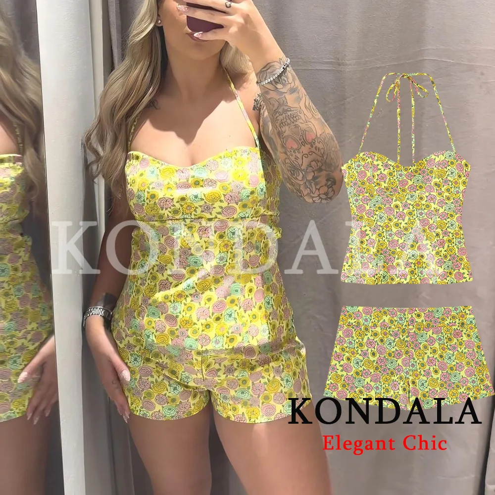 KONDALA Damen Blumenmuster-Set Neckholder Rückenfreies Slim-Top Mini-Shorts Mode 2026 Frühling Sommer Urlaub Strand Mujer Sets – Detail 3