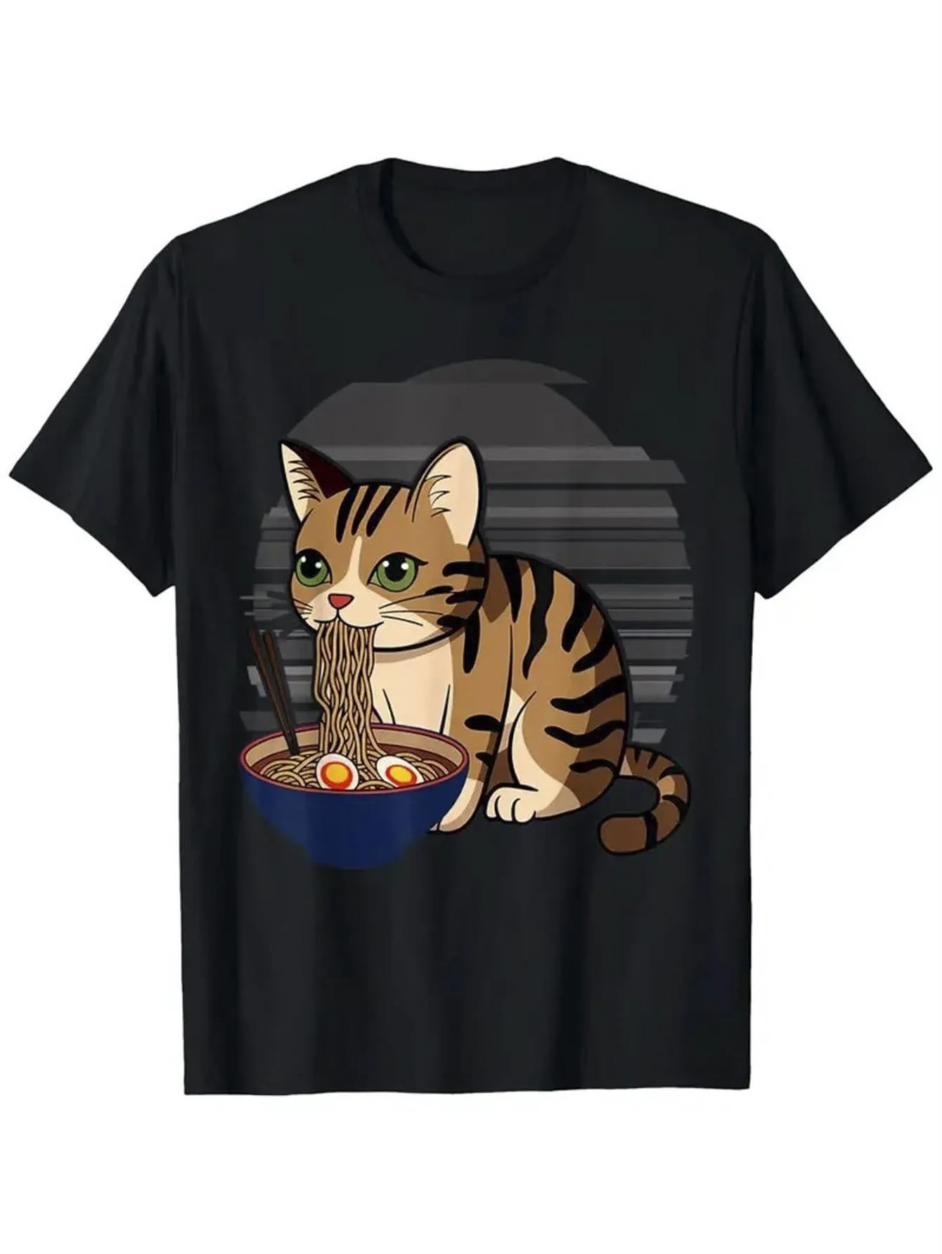 Anime gato comiendo Ramen camiseta gráfica lindo gatito japonés comiendo fideos camiseta núcleo negro casual top, disfraz de cosplay, diseño divertido, estilo cómodo, ropa de cultura pop