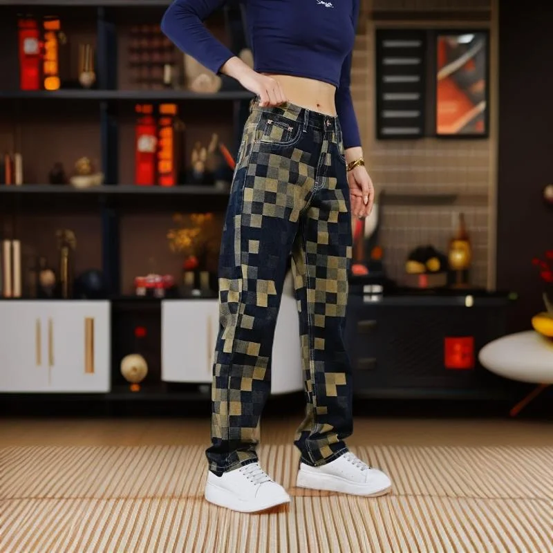 

Мужские повседневные джинсы прямого кроя, осенне-зимние, новые, свободные, с мозаичным узором, модные городские, из хлопкового денима