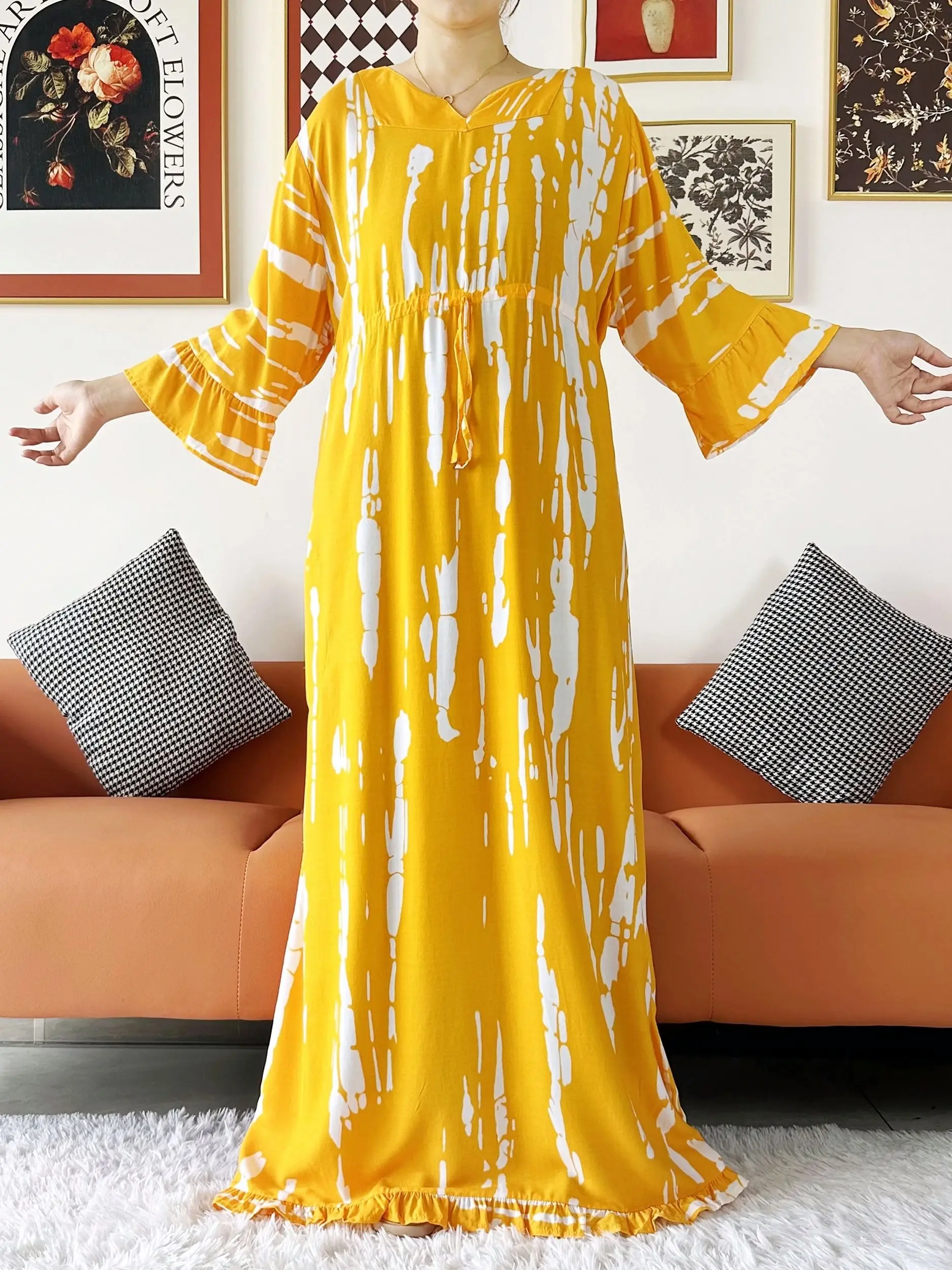 2024 New African Women Long Sleeve Abaya Dashiki Cotton Floral Dress Printing Loose Caftan Dress with Scarf Casual Vestido