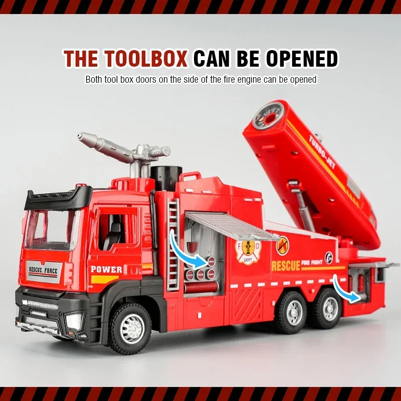 Camión rociador de motor de bomberos con pulverizador de agua de aleación, sonido y luz, modelo de coche extraíble, puerta abierta, juguetes para niños, regalos de vacaciones, 1/32