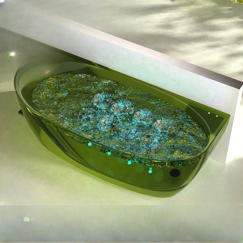 Clear resin bathtub, bubble jacuzzi against the wall