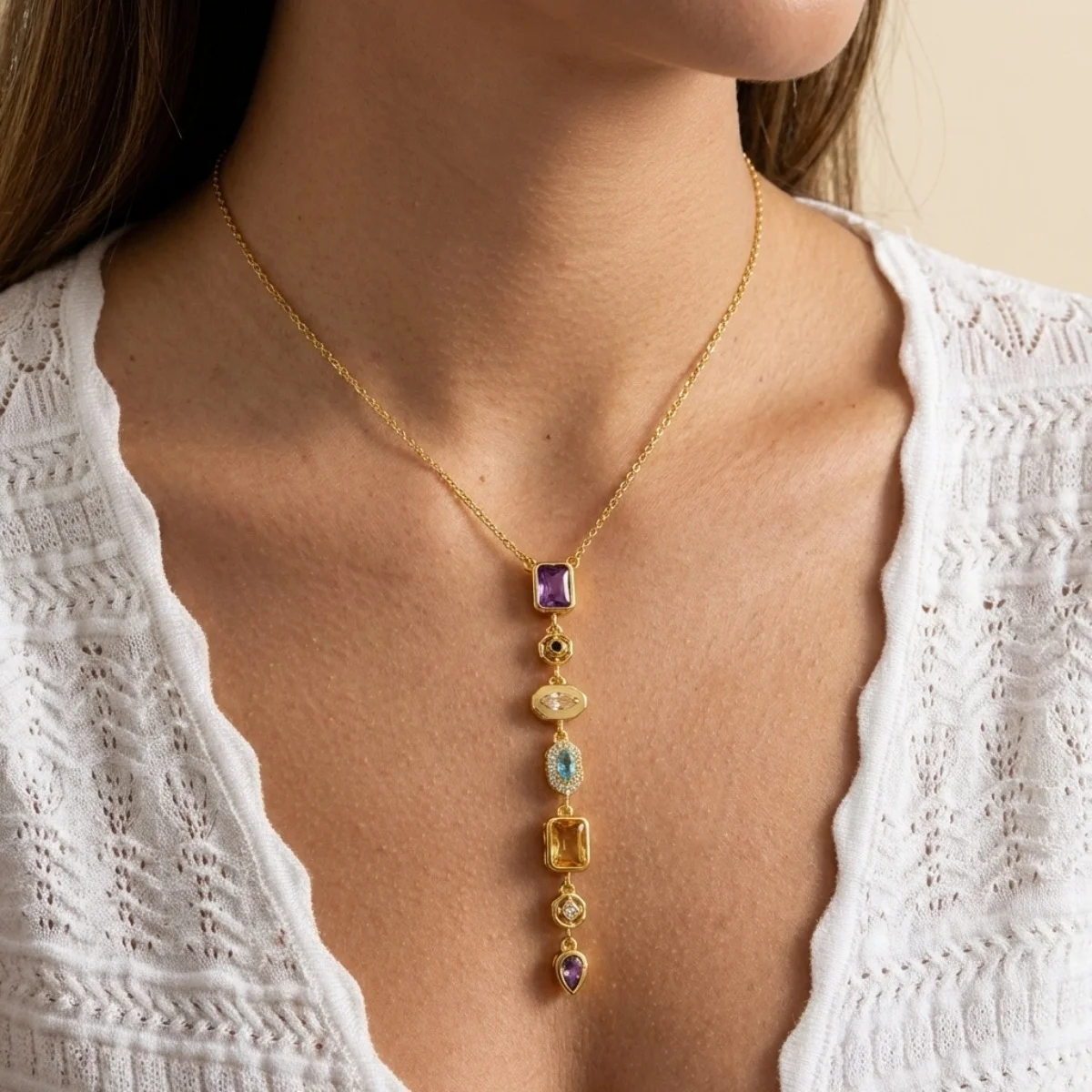 Glänzende Zirkon-Halskette mit geometrischen Verbindungsstücken und Quasten aus Edelstahl für Damen und Herren, Herz, Auge, Wassertropfen, Sonne, Mond, Stern, Choker-Schmuck – Detail 16