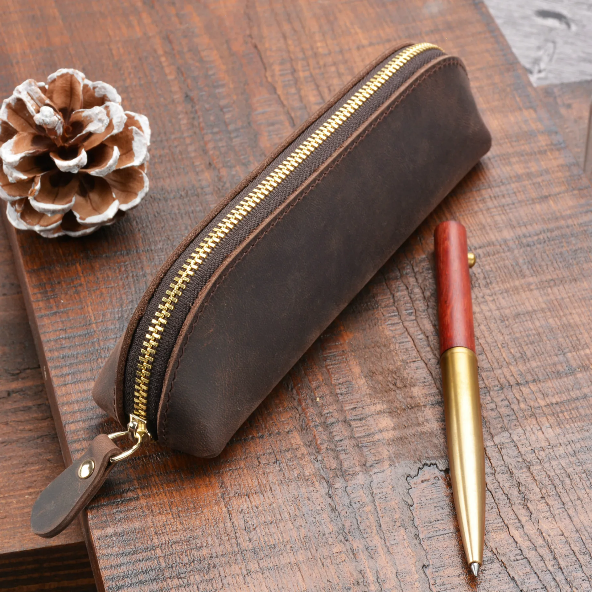 

Large Capacity Pencil Case Genuine Leather Pencil Box Retro Stationery Storage Box Zipper Pencil Bag Student Study Supplies Gift