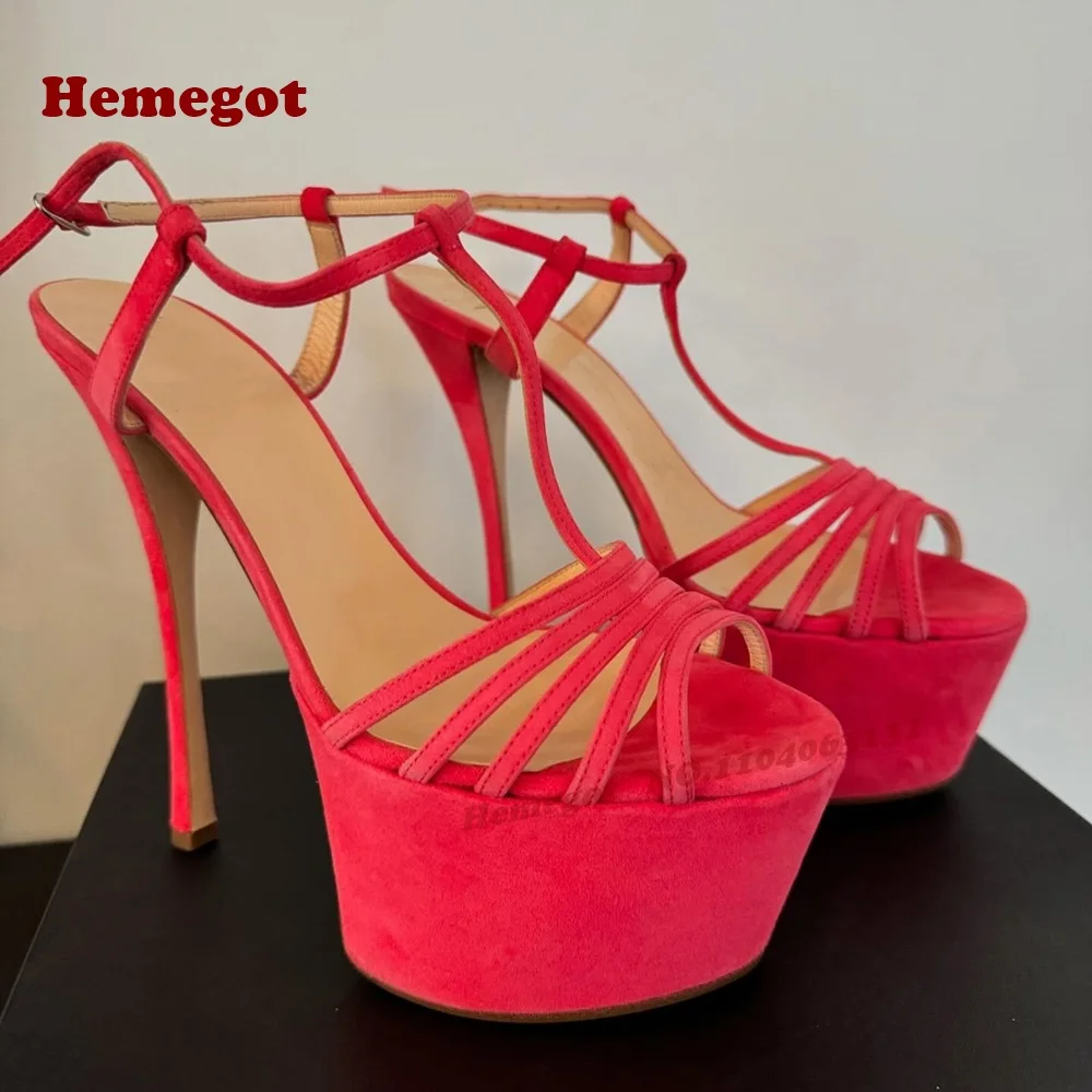 

Красные замшевые сандалии на платформе с открытой пяткой, женские сандалии с открытым носком и Т-образным ремешком, роскошная обувь на шпильке с пряжкой, пикантная обувь с боковым воздухом