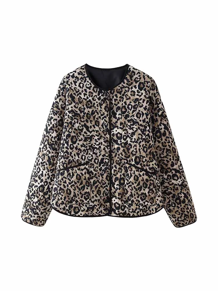 TRAF2024 European and American style autumn new fashion all-match women\'s clothing leopard print cotton jacket coat