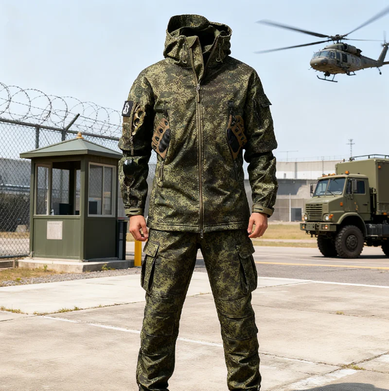 남성용 아웃도어 카모플라주 플리스 안감 소프트 쉘 재킷 세트 가을 겨울 방풍 따뜻한 통기성 등산 코트