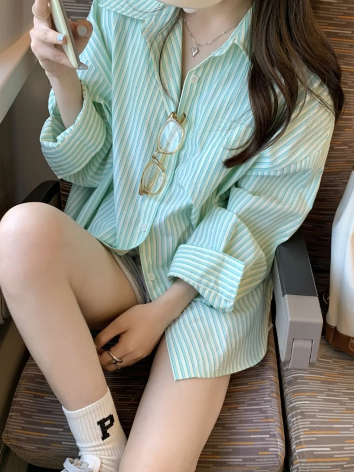 Women's  Collar Striped irt Spring New Loose Long Thin BF Sle Sunscreen Open Cardigan Top Cotton 00% Long Sve