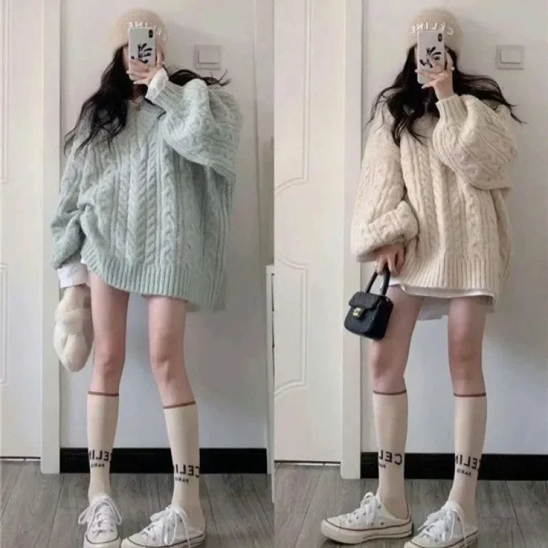 Lazy Style Retro Soft Waxy Fried Dough Twists Solid Color Sweater for Female Students Autumn/Winter 2024 New Loose Knit Top