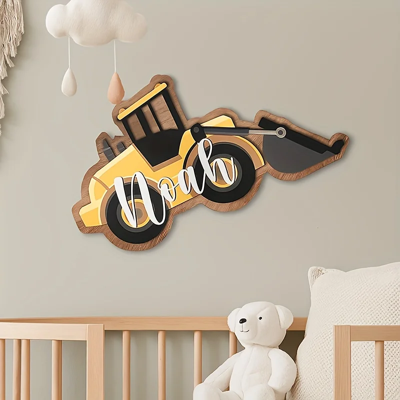 شعار خشبي مخصص/اسم - ديكور جدار غرفة الطفل تحت عنوان جرافة مع لوحة اسم مخصصة (سهلة التركيب)