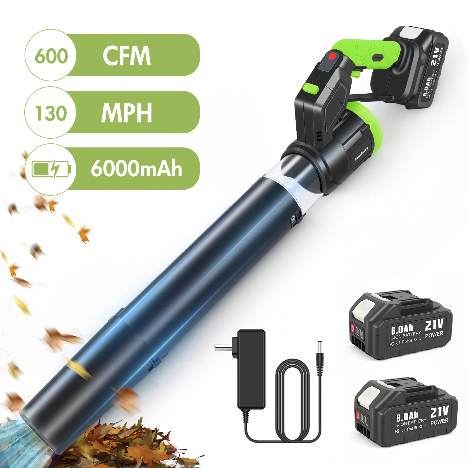 

Cordless Leaf Blower 600CFM High-Power Electric Brushless Air Blower 25000RPM With 21V 2xBattery Leaf Dust Snow Cleaning Tools