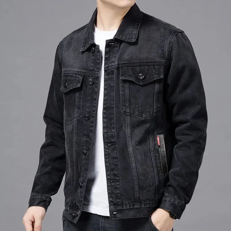 Men's Black Denim Jacket, Spring and Autumn Retro Casual Long Sleeved Top, Fashionable Foldable Collar, Loose Jacket