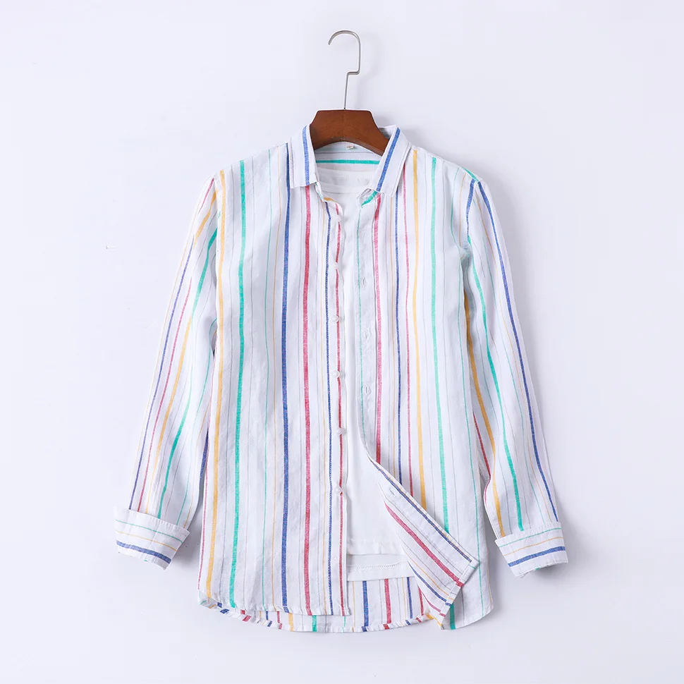 

New Arrival Spring Autumn Man's Shirt Japanese Style Linen Fabric Multicolor Striped Long Sleeves Breathable Male Clothes