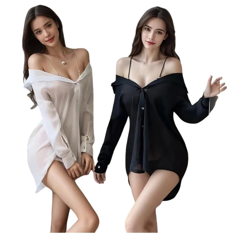 

Female Pajamas See Through Shirt Style Sexy Lingerie Dress Long Sleeve Sheer Sleepwear with Metal Strap Exotic Underwear Women