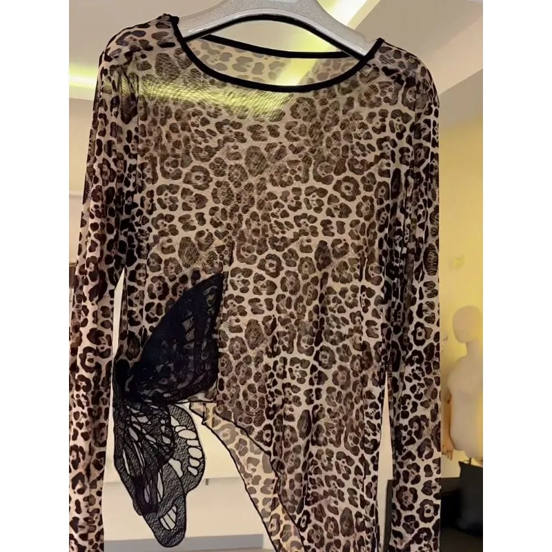 Haut de danse latine personnalisé pour femmes, imprimé léopard, Costume à manches longues, Cha-cha Samba, entraînement de danse de salle de bal, Costume en maille