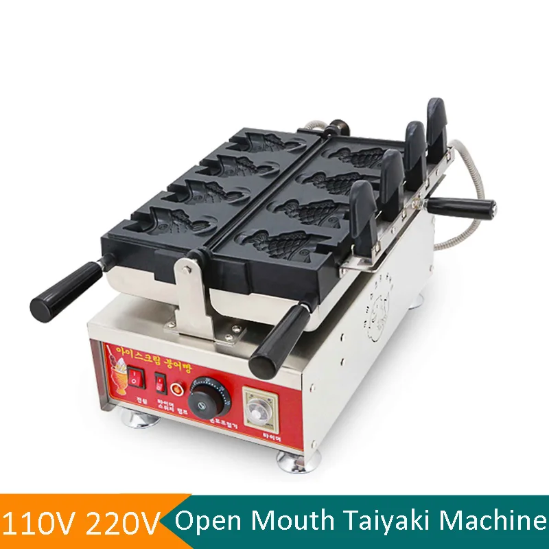 

Commercial Electric 4 Pcs Open Mouth Fish Shaped Ice Cream Taiyaki Waffle Machine Tongue Heating Nonstick Japanese Taiyaki