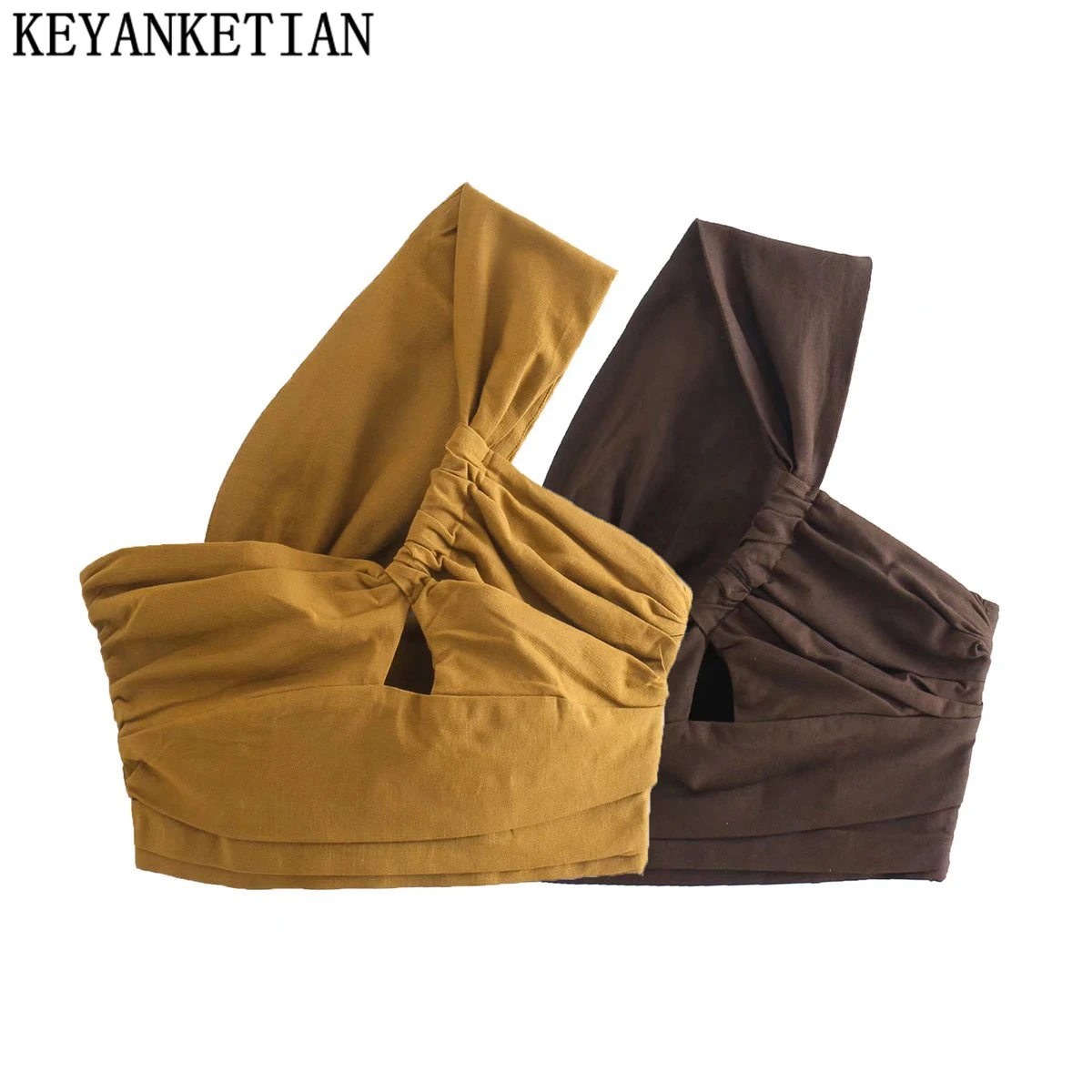 KEYANKETIAN Women\'s Sexy Fashion Pleated Asymmetric Linen Cropped Tank Top Vintage One Shoulder Side Zipper Women Camisole