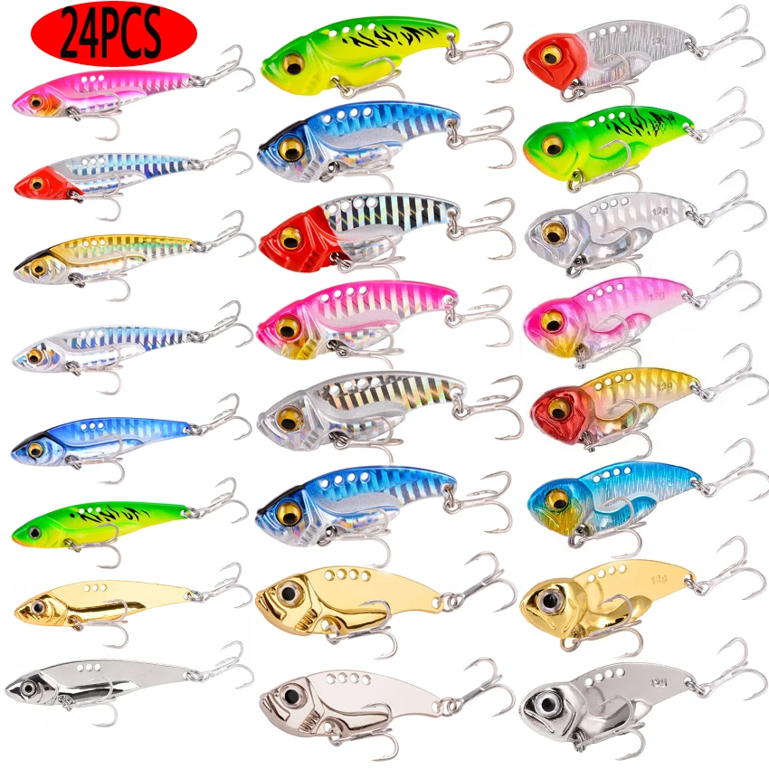 

24Pcs Metal VIB 14g 20g 25g Fishing Lure Set Vibration Spoon Spinner Lures Crankbait Bass Artificial Hard Bait Cicada VIB Tackle
