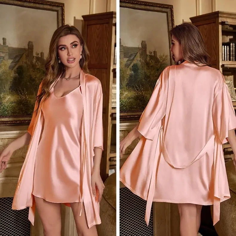 2PC Robe Suit Women Rayon Bathrobe Gown Sleep Set Summer Homewear Sleepdress Casual Kimono Sleepwear Nightgown