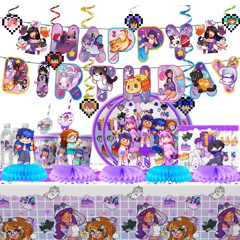 Cartoon Aphmau Cool Festa di compleanno Piatto Tazze banner Tovagliolo Adesivo Decorazioni di paglia Baby Shower Festa di compleanno per bambini