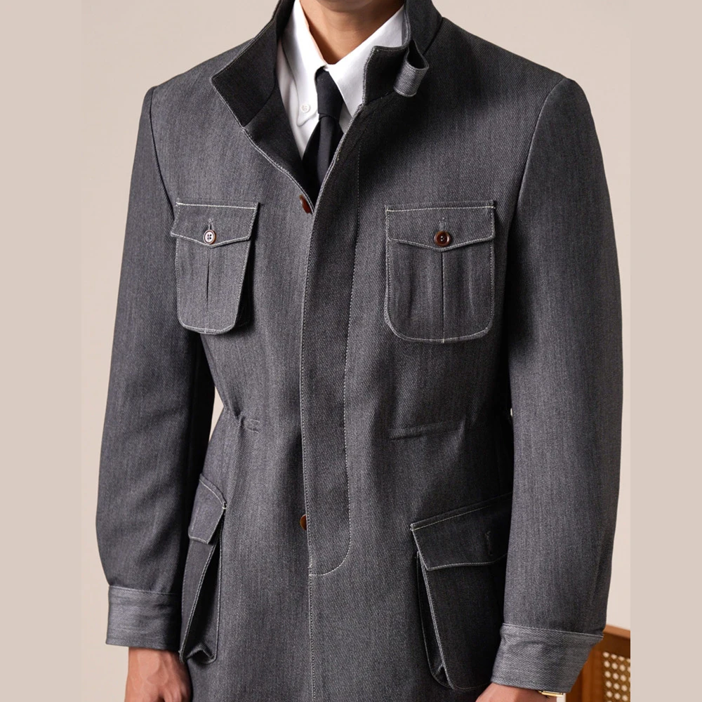 

Stitching Imitation Denim Italian Style Casual Workwear Coat Stand Collar Hunting Jacket Men Slim Fit Office Vintage Jacket