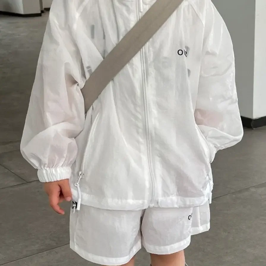 Korean Boy Girl White Clothing Set 2024 kid Summer Fashion Sunscreen Lightweight Long Sleeved Zippered Jacket + Shorts 2pcs Suit