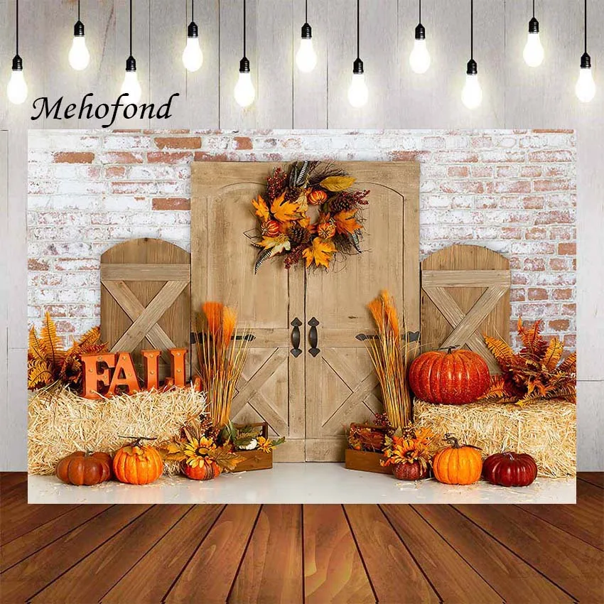 Mehofond Photography Background Fall Thanksgiving Brick Wall Barn Harvest Autumn Pumpkins Portrait Decor Backdrop Photo Studio