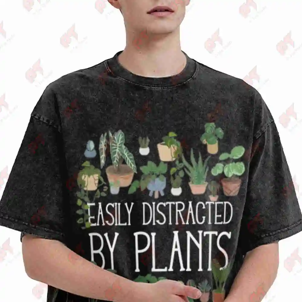 Easily Distracted By Plants Vintage Washed Tee Pure Cotton T-Shirt