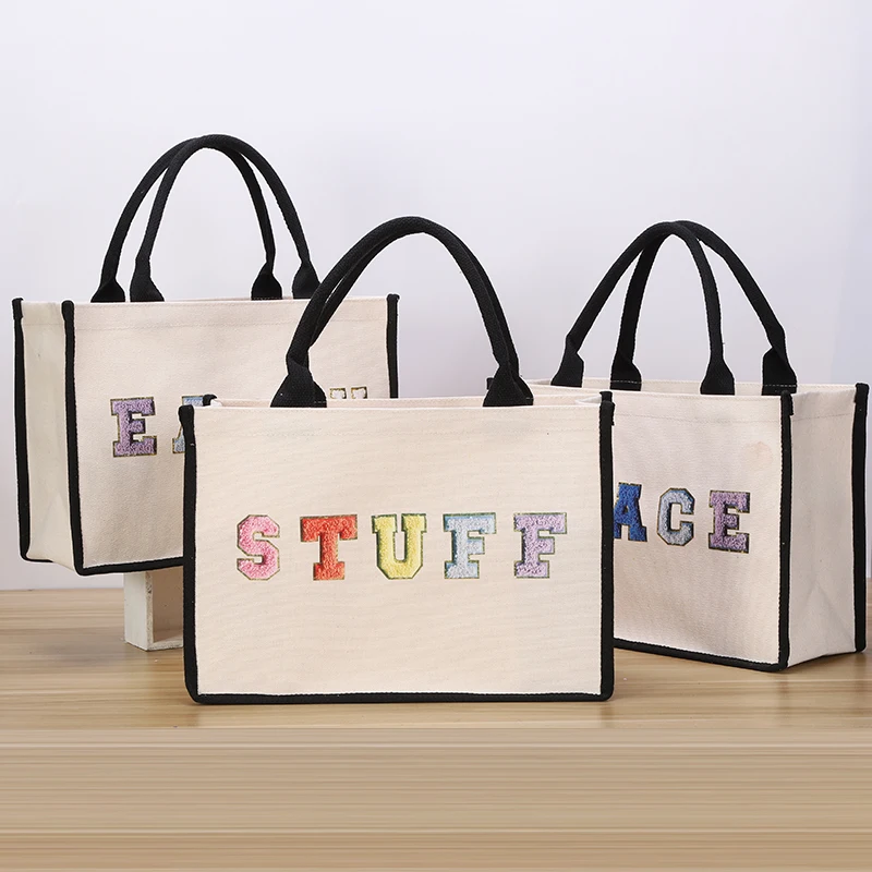 

Fashion simple tote bag with letter printing canvas open large capacity daily lunch bag travel luggage storage bag