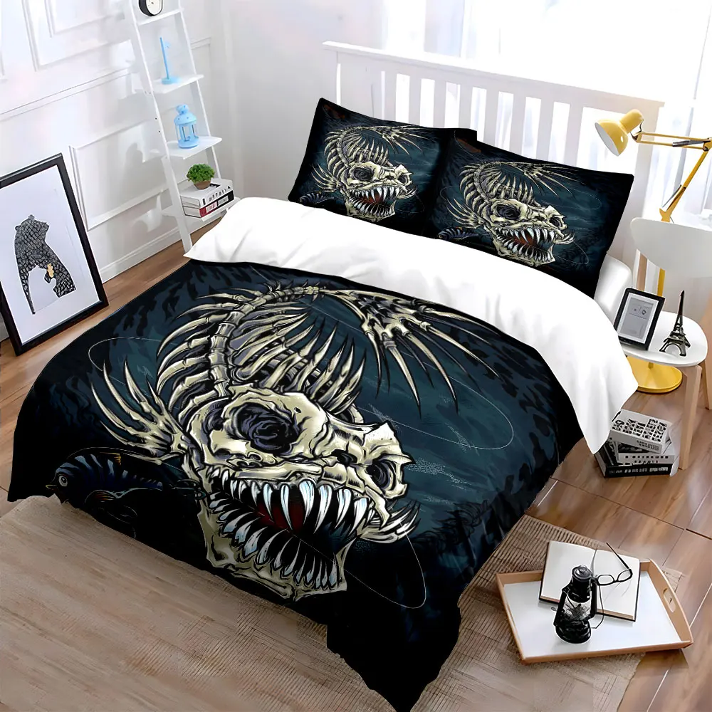 Skeleton Fish with Deep Sea Background Bedding Set for Kids Luxury Gift 3pcs Digital Print Comforter Set Soft Comfortable