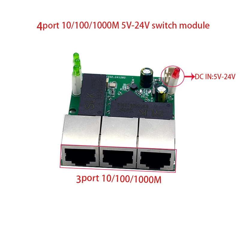 4port Gigabit switch module 5V-30V is  PCBA board 4port 10/100/1000m contact port mini switch module din 4pin cable