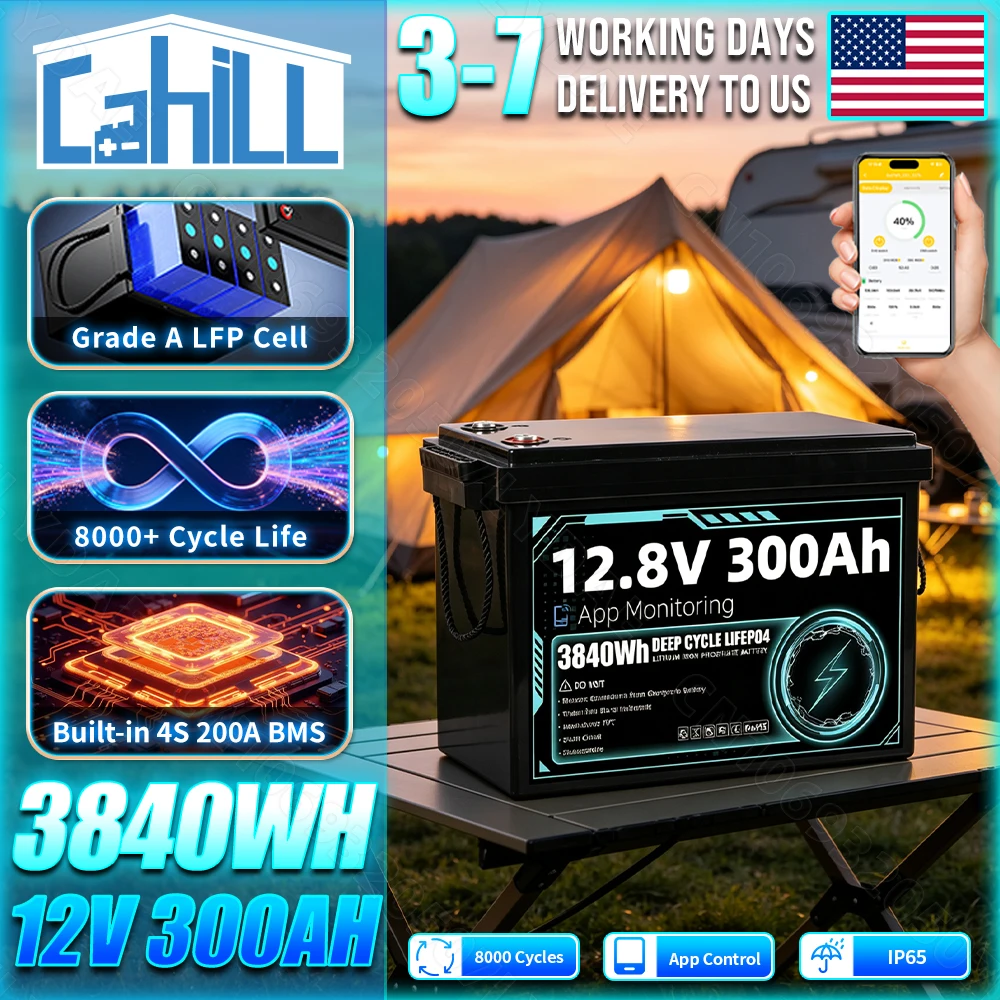 US Stock 12V 300Ah LiFePO4 Battery Pack APP Control Built-in 4S 200A BMS Grade A 12.8V LFP Battery DIY 24V 48V For Solar RV Home Energy Storage Camping Golf Cart Backup Power