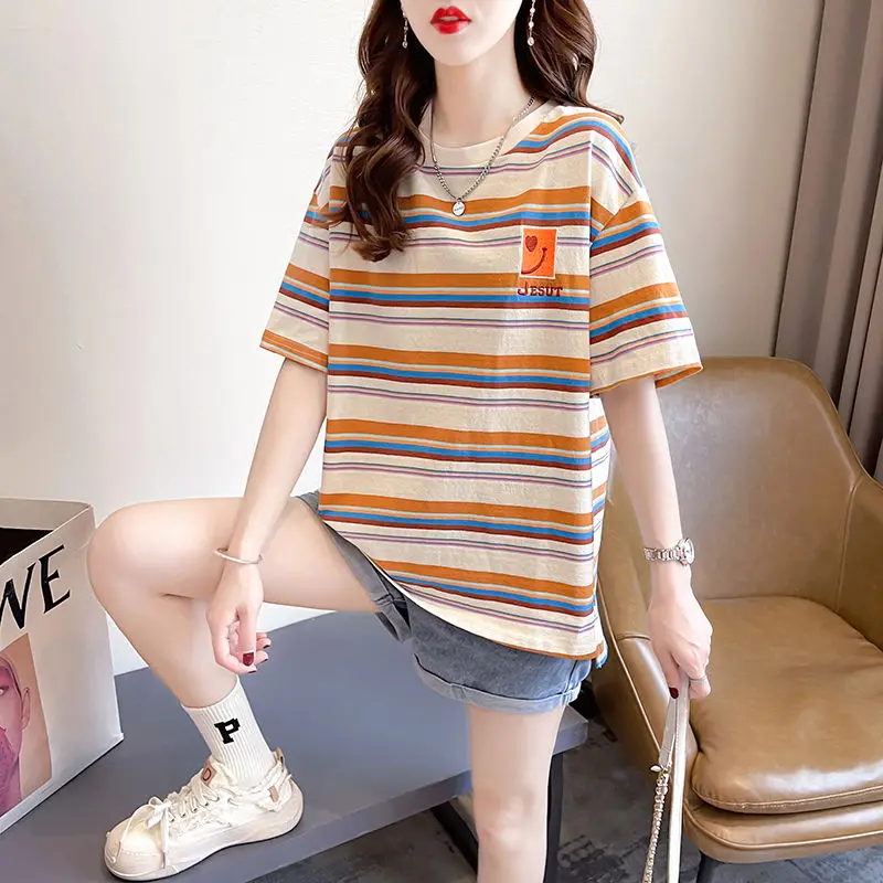 Women's Clothing Korean Striped Contrast Color Casual T-shirt Summer New Fashion Round Neck Short Sleeve Loose Tops for Female