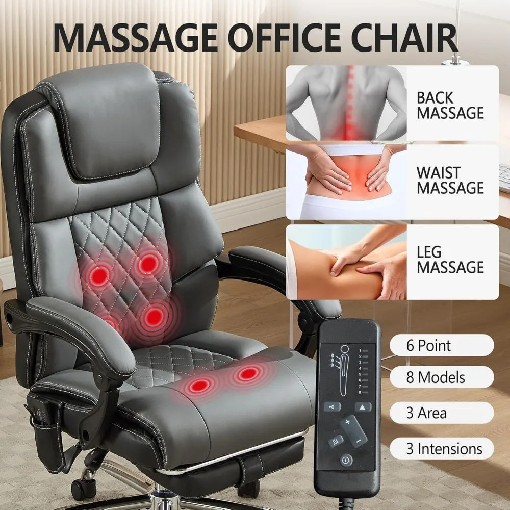 كرسي مكتب التدليك 6 نقاط 500 رطل مع مسند للقدمين، كرسي مكتب جلدي مستلق مع حرارة الاهتزاز، كرسي تنفيذي كبير وطويل #5