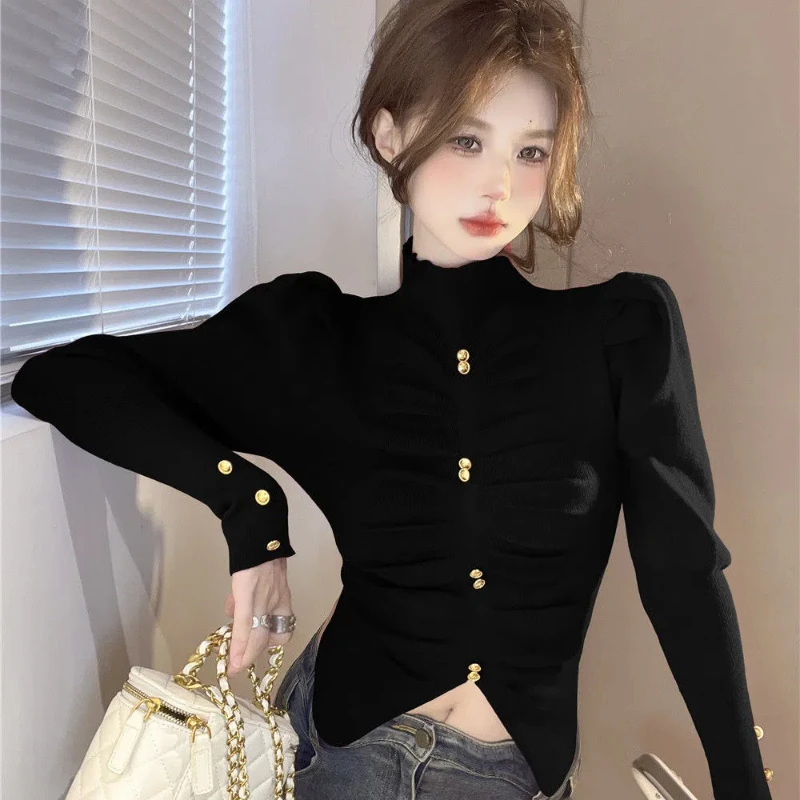 Small Fragrance New Pleated Buttons Design Pullover Autumn Winter High Collar Long Sleeve Slim Tops Sweet Fashion Women Clothing