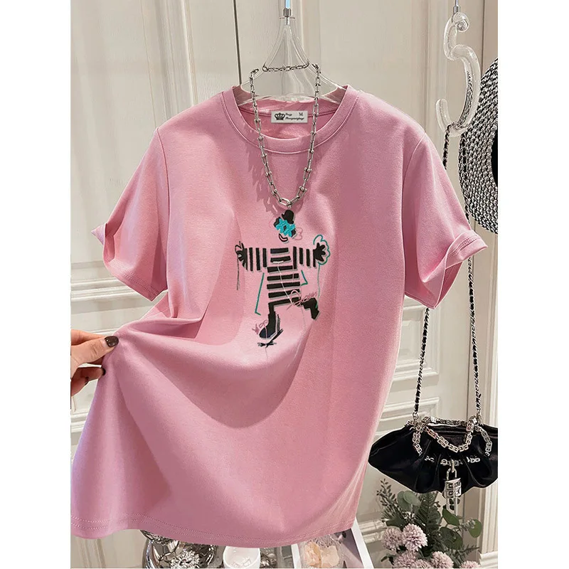 

Women Clothing Chic Hand-Painted Cartoon Print Tshirt Summer Pure Cotton O-neck Short Sleeve Basic Top Tee Casual Loose Pullover
