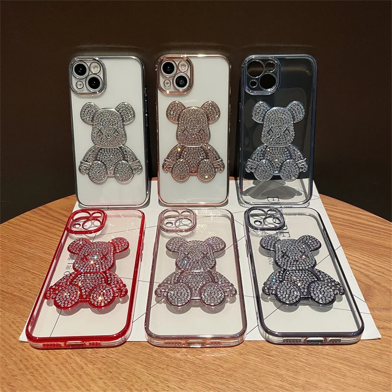 3D Sparky Gems Bear Plated Clear Phone Case For iPhone14 12 13 15Pro 11Promax TPU Soft Body Skinny Shell Protection